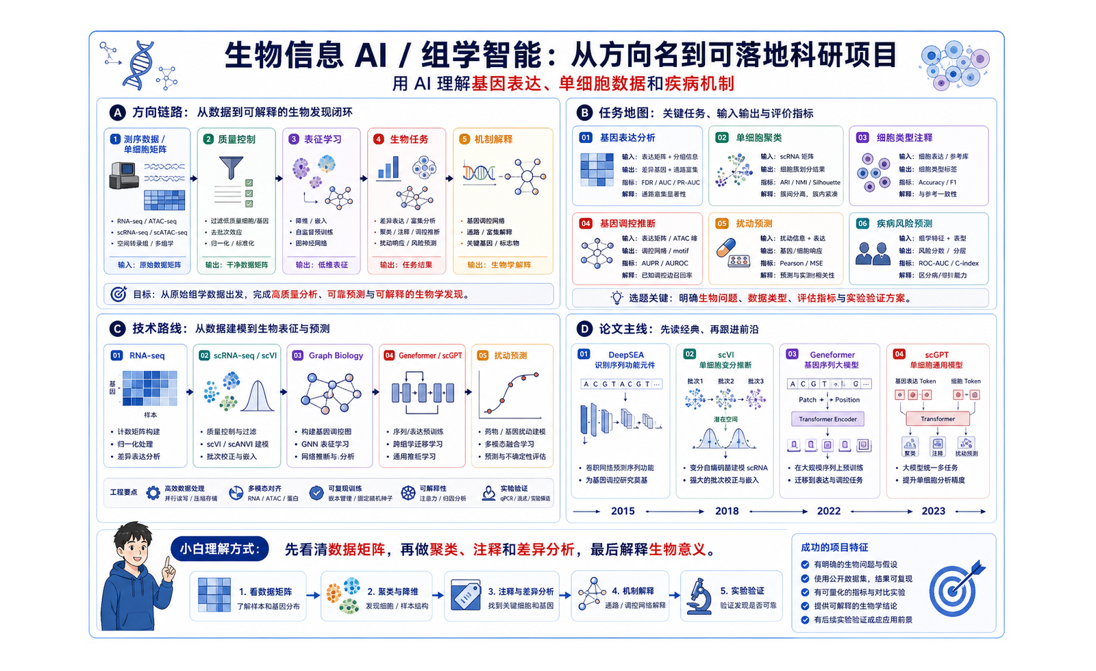 生物信息 AI / 组学智能：用模型理解基因、细胞和疾病机制 完整链路图