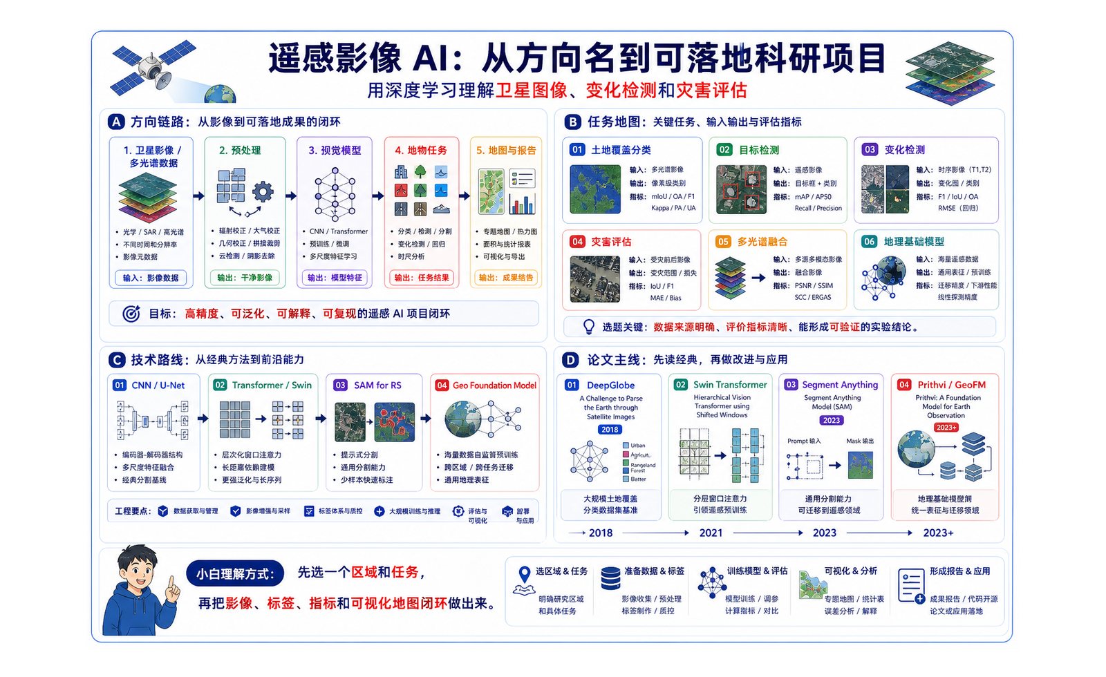 遥感影像 AI：让模型读懂卫星图和地理变化 完整链路图