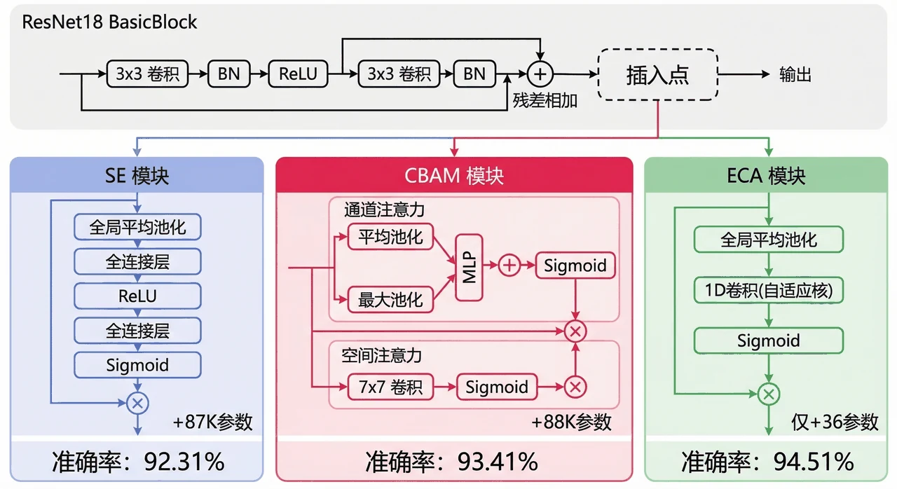 SE / CBAM / ECA 注意力模块架构对比