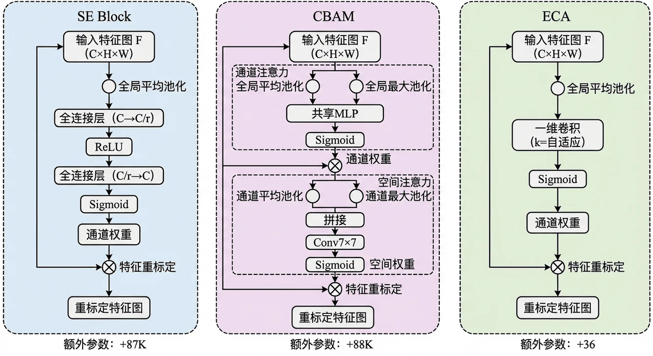 SE/CBAM/ECA 三种注意力模块结构对比