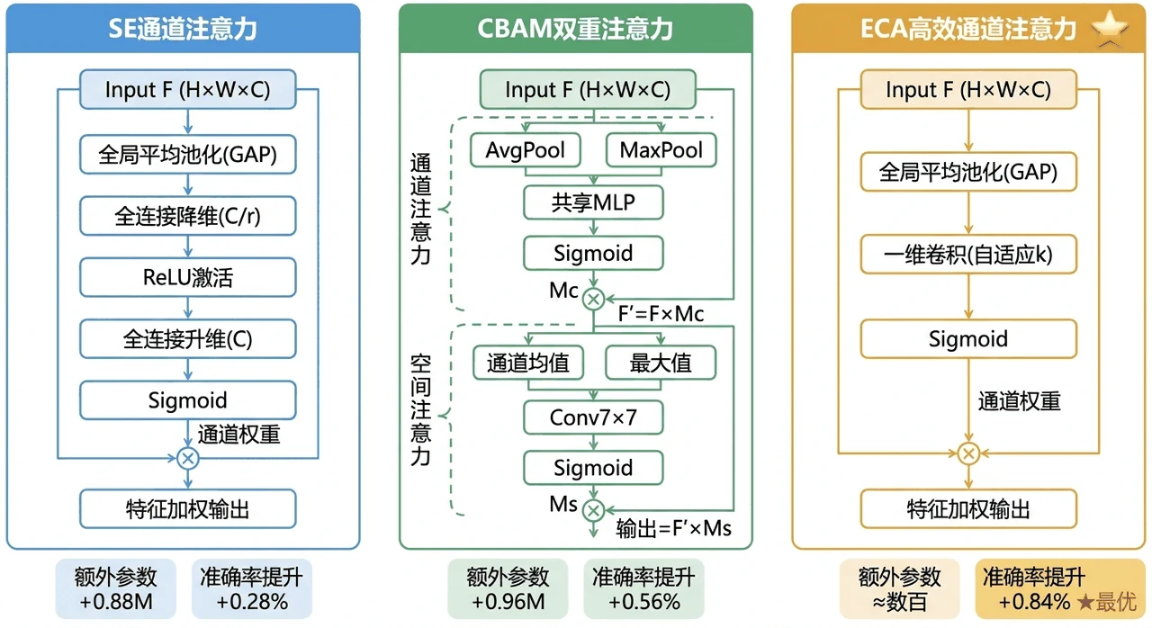SE / CBAM / ECA 注意力对比