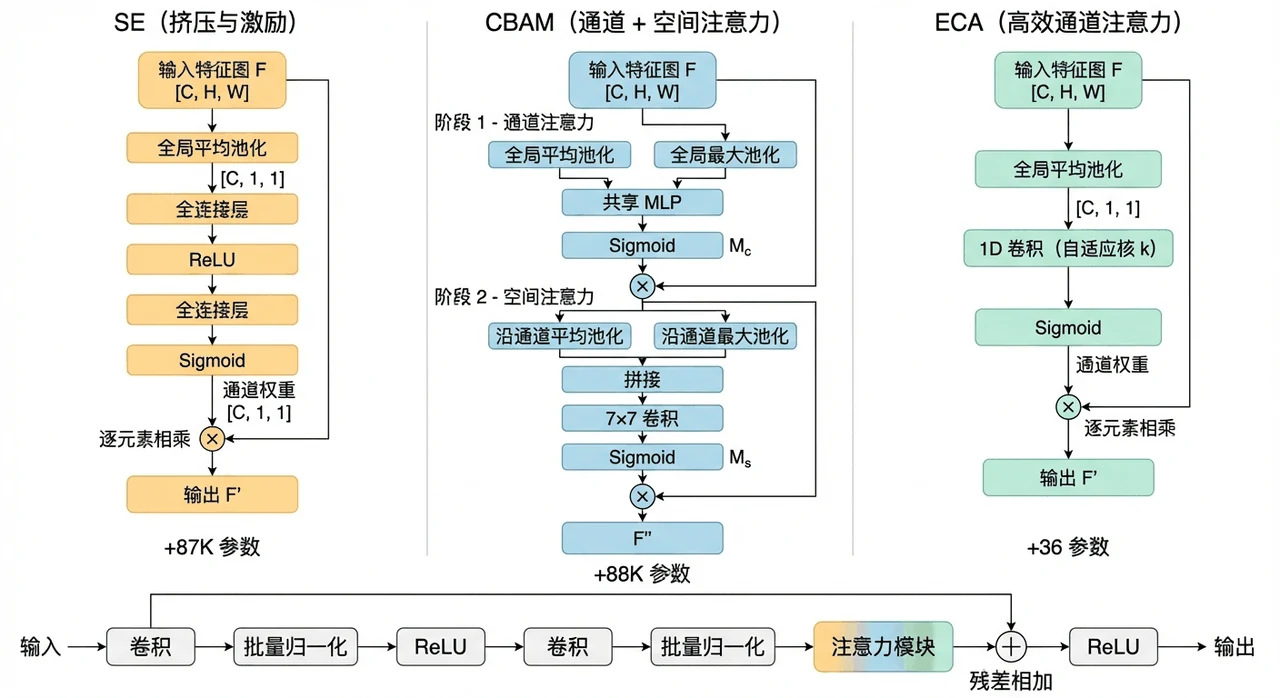 SE / CBAM / ECA 注意力模块结构